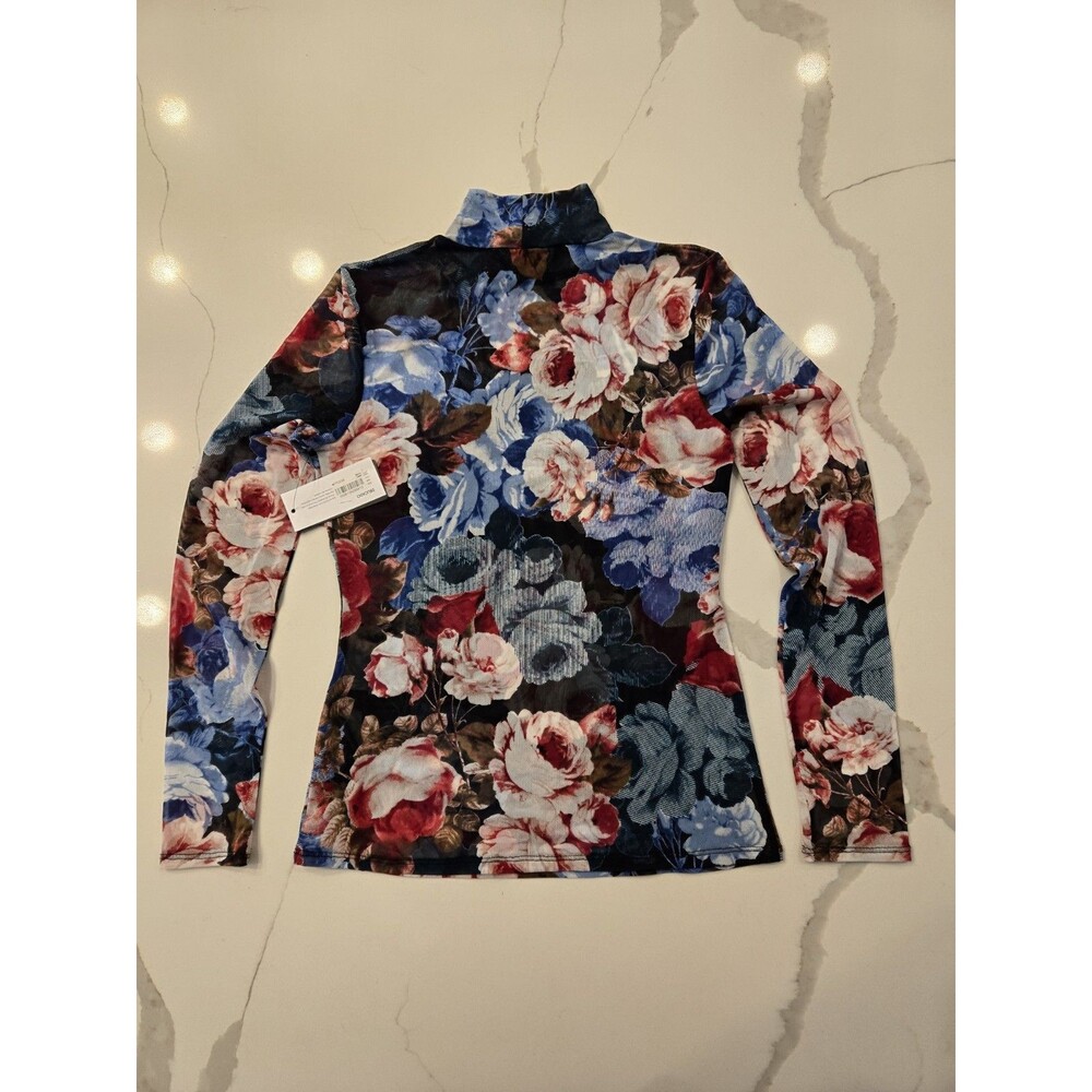 Guess M Floral Mesh Mock Neck Top Y2K Rose Print Sheer Long Womens $49